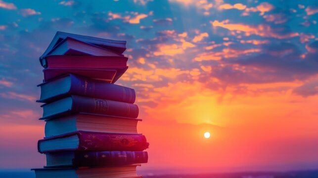  book ,knowledge development, wide lens, inspiring future. Educational growth, stack of books, sunrise backdrop, 