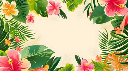 vibrant wedding invitation template inspired by a tropical paradise. The background should be a light, sandy beige with a border of lush tropical leaves, flowers like hibiscus and orchids, and palm