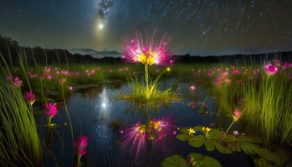 Wall Mural - An eerie colorful Bloom of Flowers, growing from the middle of a Marsh at night; light painting photography, slow speed, motion, landscape orientation