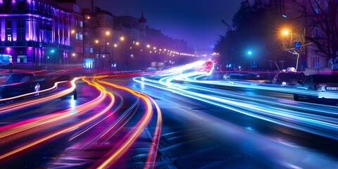 Poster - Speeding Cars Illuminate Cityscape with Light Streaks at Night. Concept Night Photography, Light Trails, Urban Landscapes, Car Light Photography, Cityscape Photography