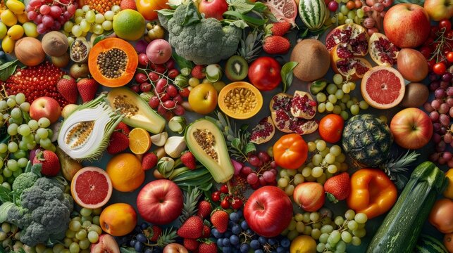 Fruits, Healthy food selection, Healthy food clean eating selection: fruit, vegetable, seeds, superfood, cereal, Food background with assortment of fresh organic vegetables. Generative Ai