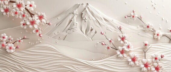 Wall Mural - 3D wallpaper with a Japanese landscape featuring Mount Fuji and cherry blossoms. An elegant paper art background for wall decoration
