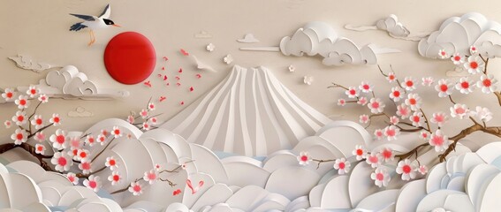 Wall Mural - 3D wallpaper with Japanese Fuji mountain and sakura flowers, clouds, sun and birds on beige background, detailed paper art style