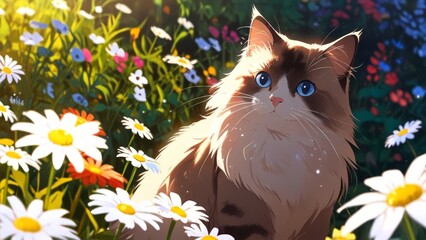 Cute cat in flowers field Anime style illustration, flat vector art, anime background, sunlight, glowing ,nature, heavenly