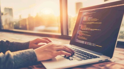Hands typing on a laptop with code on the screen at sunrise. Software development and technology concept.