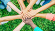 © Who is Danny - Hands of diverse people stacked together on a greenery background, the concept of unity and teamwork. Generative AI