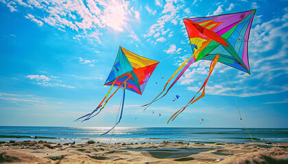 family fun day at the beach with a kite-making workshop and flying session, colorful kites against a