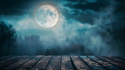 halloween background with full moon and dark forest with wooden table top for product display, with 