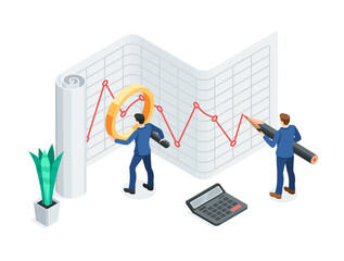 Wall Mural - isometric vector business men with a magnifying glass and pencil working with a line chart on a large sheet of paper, in color on a white background, financial data analysis and processing