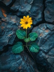 Poster - Closeup view of a beautiful,vibrant yellow flower blooming amid dry,cracked earth and lush green leaves and foliage. The contrasting textures and colors create a serene,natural landscape.