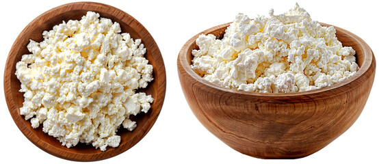 Wall Mural - White cottage cheese in a wooden bowl, side and top view, isolated on a transparent background