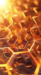 Wall Mural - symmetrical hexagonal structures merge with swirling, dynamic shapes on a radiant, sunlit background