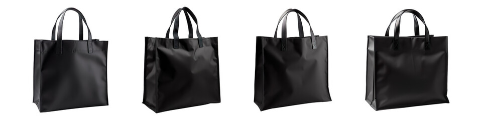 Collection set of black fabric shopping bags isolated on transparent background