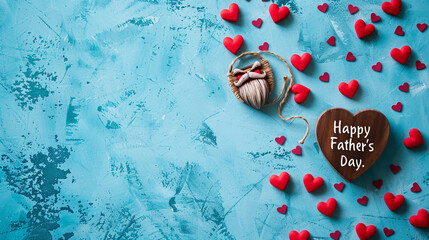 blue background. Choppy bearded heart and small hearts nestled together. Father's Day card image, flat lay. Text: 
