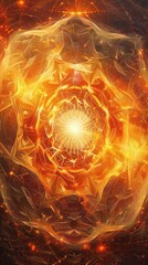 Wall Mural - symmetrical hexagonal structures merge with swirling, dynamic shapes on a radiant, sunlit background