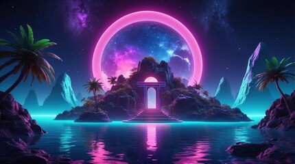 Wall Mural - nighttime fantasy scene with an abstract island under moonlight and neon lights, complete with a gal