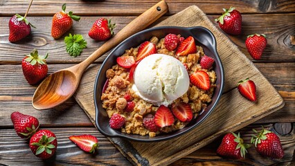 Top view of a delicious strawberry rhubarb crisp with vanilla bean ice cream on a rustic table, with copy space for text, strawberry, rhubarb, crisp, vanilla bean ice cream, dessert, fresh
