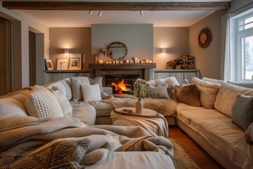 A cozy living room with a neutral color palette, soft lighting, a large comfy sofa, and a fireplace with a rustic wooden mantel.