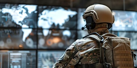 Wall Mural - Monitoring screens in command center: Soldier in tactical gear oversees strategic operations. Concept Military Command Center, Tactical Gear, Strategic Operations, Surveillance Screens