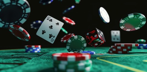 3D rendering of cards, dice, and chips flying gambling Background casino succeed Vegas casino ce chips 3D dark winnings Creative Games gambling background render casino concept cards gaming 3D