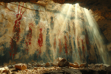 Wall Mural - Cave paintings showing beings descending from the sky on beams of light. Concept of prehistoric art and extraterrestrial contact. Generative Ai.