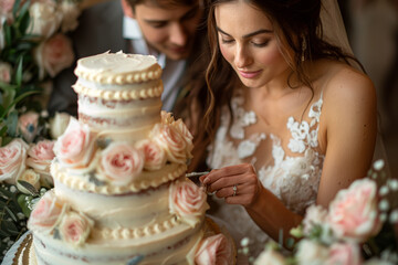 Sticker - A couple cutting the wedding cake together. Concept of partnership and shared moments. Generative Ai.