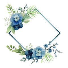 Wall Mural - Watercolor floral frame with blue flowers and green leaves on white background. Wedding invitation and springtime concept. Design for greeting card, wedding stationery, and botanical print. AIG35.