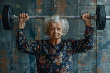 Senior old woman with barbell overhead, concept of good health and strength