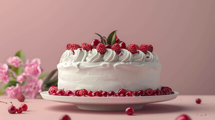 Wall Mural - A delicious cake with white frosting and red berries on top. The cake is sitting on a white plate on a pink table.