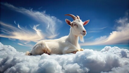 A whimsical image of a goat resting comfortably on a fluffy white cloud in the sky , surreal, dreamy, fluffy, peaceful, tranquil, heavenly, animal, sky, nature, cloud, fluffy, whimsical, serene