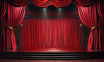 Empty theater stage with red velvet curtains.