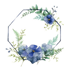 Wall Mural - Watercolor floral geometric shape frame with blue flowers and green leaves on white background. Wedding invitation and springtime concept. Design for greeting card, and botanical print. AIG35.