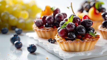 Exquisite display of grapes and assorted fruit tarts on a pristine white background (selective focus, patisserie theme, surreal, Manipulation, luxury kitchen backdrop)