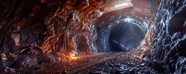 Large mining truck with its lights on inside a dark, rugged underground mine tunnel.