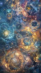 Wall Mural - hexagonal structures interlock with swirling, freeform shapes against a luminous, celestial backgrou