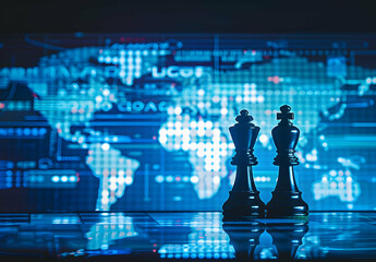 geopolitics concept image with two chess pieces on a world map representing geopolitical discussion 