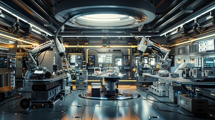 Wall Mural - Modern Technology Concept : Futuristic and efficient assembly line captured in soft overhead lighting