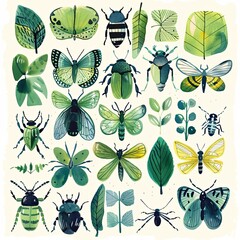 A collection of green insects and plant leaves in watercolor painting style. Winged insects include butterflies, beetles, beetles and other morphs. Illustration for cover, card, postcard, decor, print