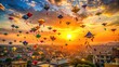 © Sangpan - Colorful kites soaring high in the sunset sky during a Basant festival celebration , kites, colorful, sky, sunset, Basant, festival, celebration, outdoors, tradition, joy, happiness