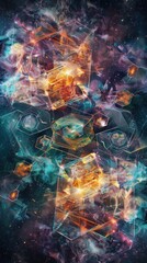 Wall Mural - hexagonal patterns emerge from a sea of swirling, iridescent shapes on a cosmic, starlit background,