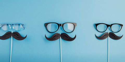 Wall Mural - Father's Day Holiday Concept. Transparent glasses, stylish black paper photo booth props moustaches on blue background with copy space.