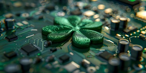 Wall Mural - Tech-themed St Patrick's Day: Green shamrock on electronic circuit board. Concept St, Patrick's Day, Tech, Shamrock, Circuit Board, Green