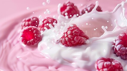 Wall Mural - Gentle Splash of Yogurt with Raspberries Against a Soft Pastel Pink Background for Calm and Pleasant Designs