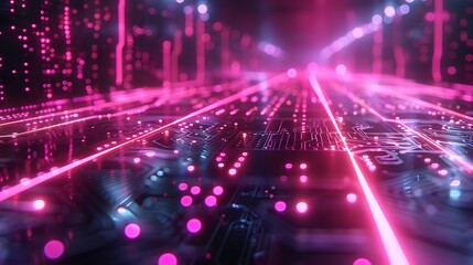 Wall Mural - A 3D render of silicon chip pathways with pulsating electronic signals, depicted as glowing purple and teal lines, floating above a digital grid.