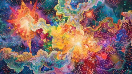 Wall Mural - harmonious explosions of color dancing across a backdrop of intertwining, mesmerizing patterns