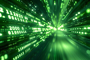 vibrant neon green binary code streaming rapidly. conveys rapid technological advancement in the 21s