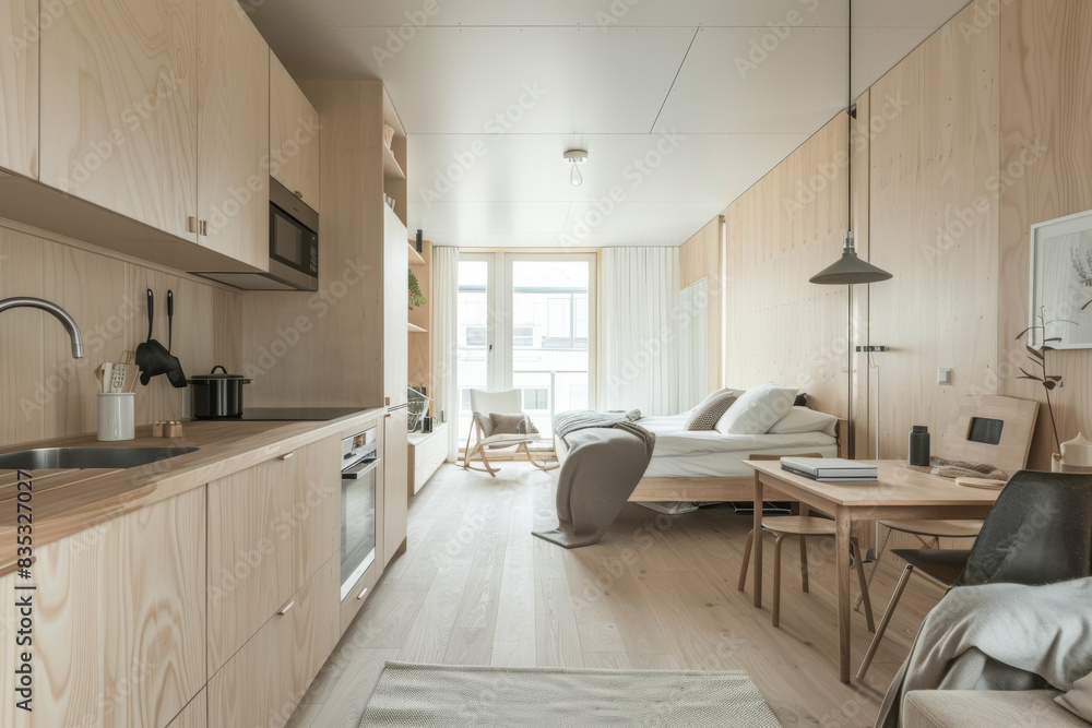 An open plan apartment with living area and small kitchen, small cozy ...