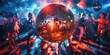 © Naveed - Glittering disco ball casting reflections on a dance floor filled with energetic dancers at a lively disco party.
