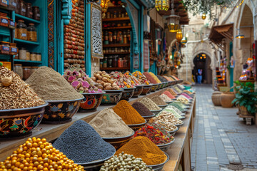 Canvas Print - A bustling street market teeming with exotic spices and colorful textiles, where the hustle and bustle of commerce sparks new ideas. Concept of sensory stimulation. Generative Ai.