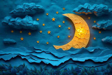 Wall Mural - Paper crescent moon and stars in the night sky